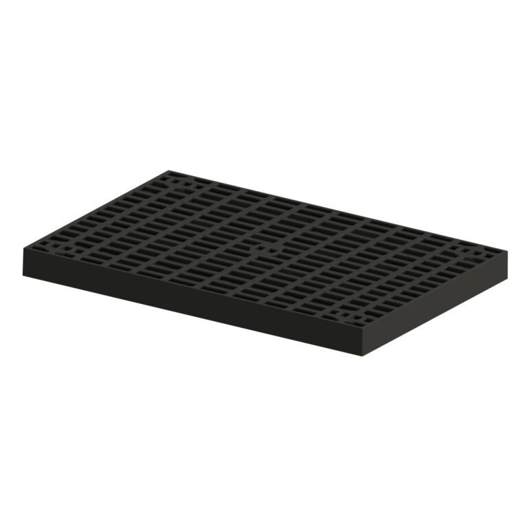 The Vestil Add-A-Level Base 24 X 36 X 2.875 is a black rectangular plastic pallet with a grid surface pattern of evenly spaced squares and a solid border, showcased on a white background.