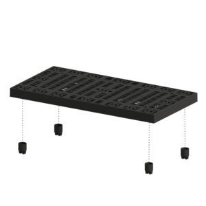 The Vestil Add-A-Level Add-On 24 X 48 X 2.625 features a sleek, black perforated platform with four detachable cylindrical legs marked by dashed lines on the underside for secure attachment.