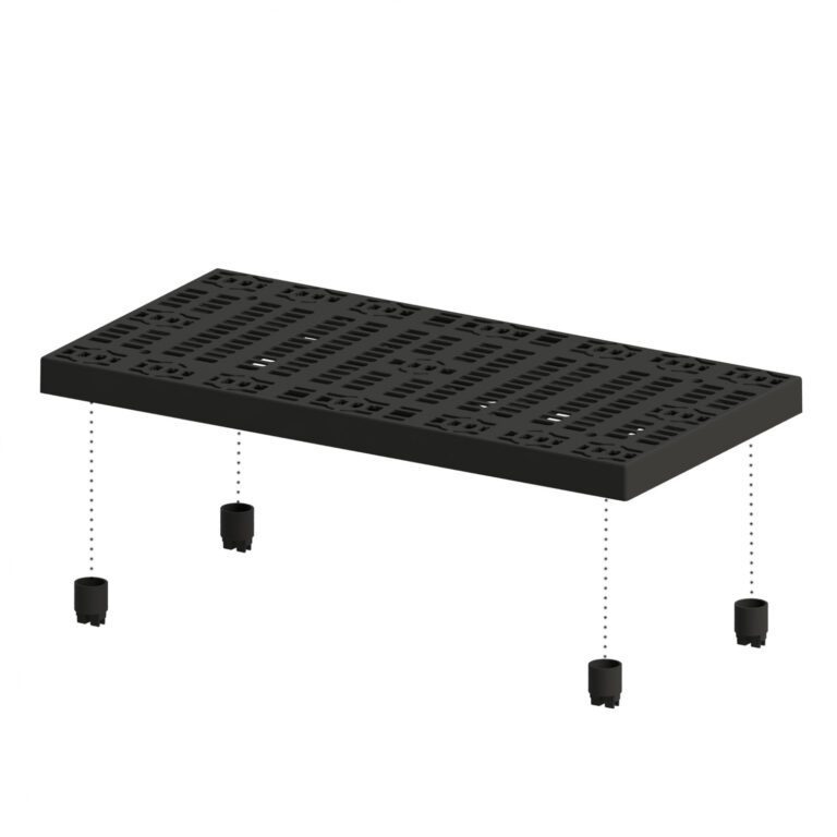 The Vestil Add-A-Level Add-On 24 X 48 X 2.625 features a sleek, black perforated platform with four detachable cylindrical legs marked by dashed lines on the underside for secure attachment.