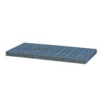 The lightweight gray rectangular plastic pallet with a grid pattern, ideal for storage or transport, has dimensions similar to the Vestil Add-A-Level Base 24 X 48 X 2.875 and is practical and versatile against a plain white background.