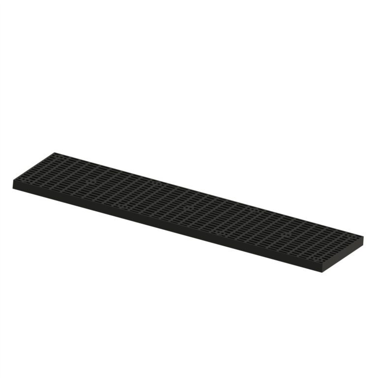 P-2496-2.625_A.jpg The black rectangular drainage grate with a grid pattern enhances the Vestil Add-A-Level Base 24 X 96 X 2.875s functionality on a white background.