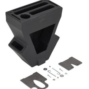 A black, geometric funnel-shaped object with three circular openings on top, similar to the Vestil Black Econo Crown Pallet Truck Caddys sleek design, with metal plates, washers, and screws neatly arranged on the side.