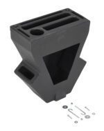 A black plastic automotive part with several slots and a triangular opening resembles an air intake component. Its accompanied by metal installation hardware—screws and washers—against a white background, echoing the practicality of the Vestil Black Economical Pallet Truck Caddy.