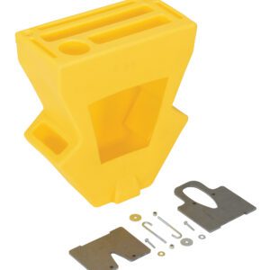A yellow parrot-shaped plastic toolbox, echoing the Vestil Economical Crown Pallet Truck Caddy design, features compartments on top and sits proudly with various metal tools and components laid out in front of it.