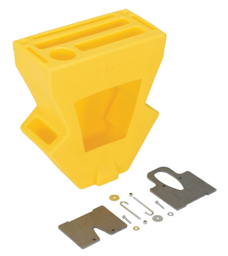 P-CADDY-CWN_A.jpg A yellow parrot-shaped plastic toolbox, echoing the Vestil Economical Crown Pallet Truck Caddy design, features compartments on top and sits proudly with various metal tools and components laid out in front of it.