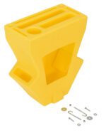 The Vestil Yellow Economical Pallet Truck Caddy, a yellow plastic block, has a large central opening and smaller slots on top like a tool holder. It includes various metal screws, washers, and hooks.