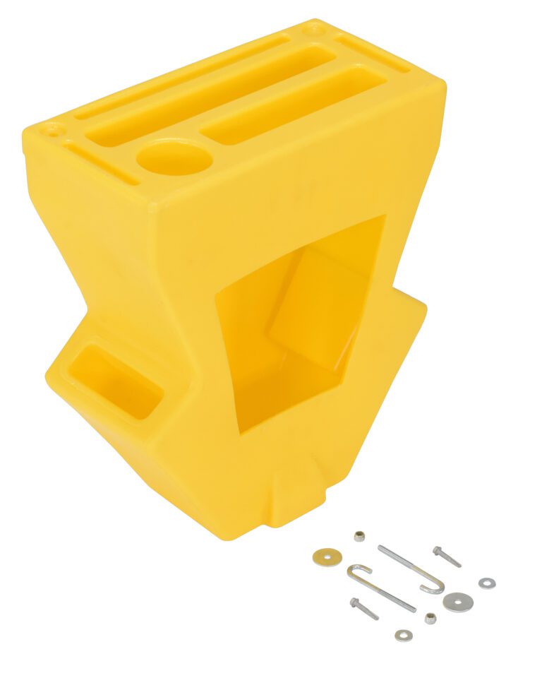 The Vestil Yellow Economical Pallet Truck Caddy, a yellow plastic block, has a large central opening and smaller slots on top like a tool holder. It includes various metal screws, washers, and hooks.