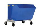 The Vestil Portable Hopper Tilt Refuse 0.5 Cubic Yd is a large blue industrial truck with a metal frame, four black wheels, and a rectangular open top, designed for transporting heavy materials up to 0.5 cubic yards.