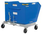 The Vestil Portable Hopper Tilt Refuse 1.5 Cubic Yd is a large blue industrial hopper on caster wheels, designed for easy waste handling with features like a sloped front for easy tipping, safety chains, a metallic grey frame with safety instructions, and a front handle.