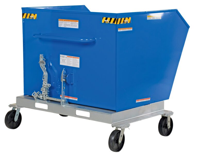 P-HOP-1.5_A.jpg The Vestil Portable Hopper Tilt Refuse 1.5 Cubic Yd is a large blue industrial hopper on caster wheels, designed for easy waste handling with features like a sloped front for easy tipping, safety chains, a metallic grey frame with safety instructions, and a front handle.