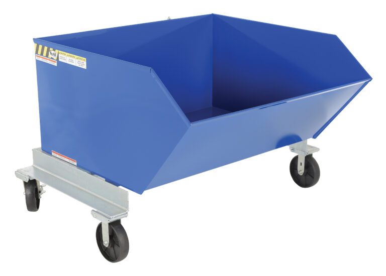 The Vestil Portable Hopper Tilt Refuse 1 Cubic Yd is a blue industrial truck with a rectangular open-top container and four wheels, ideal for moving heavy materials. It features a metallic silver frame for easy mobility, perfect for handling up to 1 cubic yard of refuse.