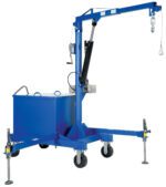 The blue Vestil Portable Cantilever Hoist 4000 Lb, a versatile mobile crane with four wheels, has extendable support legs. It features a hydraulic arm with a hook and includes a rectangular storage compartment for efficient heavy load transport.