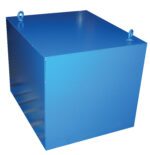 A large blue metal box, like the Vestil Cantilever Hoist Option Ballast 2K Unit, has two top lifting eyelets. Designed for industrial use, it boasts a smooth reflective surface with seamless edges against a white backdrop.