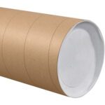 The 10 x 36 Kraft Jumbo Tubes (8/Case) are brown cardboard mailing tubes with a white plastic cap, designed with horizontal lines and a smooth surface, making them ideal for securely shipping prints or posters.