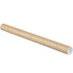 The 1 1/2 x 48 Kraft Tubes with Caps (50/Case) are ideal for storing and shipping rolled documents or posters, featuring durable cardboard construction and secure white plastic end caps on both ends.