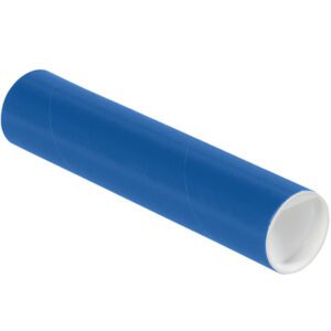 The MH-USA 2 x 9 Blue Tubes with Caps (50/Case) are blue cylindrical cardboard tubes with white ends, ideal for securely storing and mailing posters or documents, and shown isolated against a white background.
