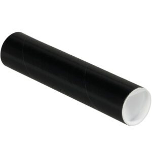 A sleek cylindrical tube from the MH-USA 2 x 9 Black Tubes with Caps (50/Case) collection lays diagonally on a white background, highlighting its contrasting white interior.