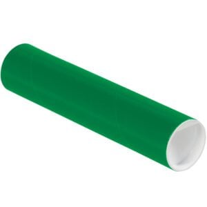 A tube resembling the MH-USA 2 x 9 Green Tubes with Caps (50/Case) has a white interior and is angled against a plain white background.