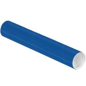 A blue cylindrical tube with a white interior, resembling an MH-USA 2 x 12 Blue Tube with Cap from a 50-piece case, is lying horizontally on a pristine white background.