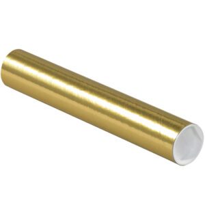 A roll of shiny, metallic gold wrapping paper on a white background adds an elegant touch to any gift-giving occasion, similar to the MH-USA 2 x 12 Gold Tubes with Caps (50/Case).