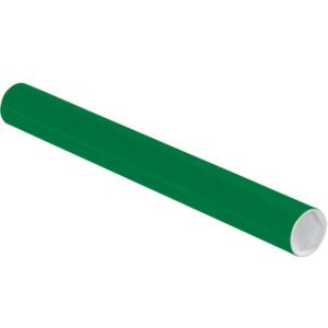The MH-USA 2 x 18 Green Tubes with Caps (50/Case) boasts a sleek cylindrical design, vibrant green exterior, and pristine white interior, elegantly angled for display.