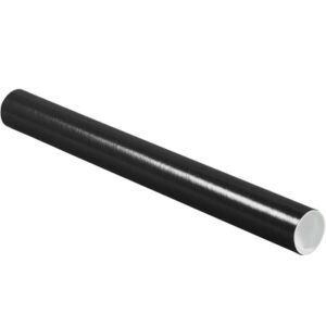 A MH-USA 2 x 20 Black Tubes with Caps (50/Case) lies horizontally against a white background, showcasing its sleek black cylindrical exterior and pristine white interior for a modern look.