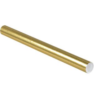 A roll of shiny gold wrapping paper, like the MH-USA 2 x 24 Gold Tubes with Caps, is displayed on a white backdrop. The unrolled cylinder reveals a radiant metallic gold surface.
