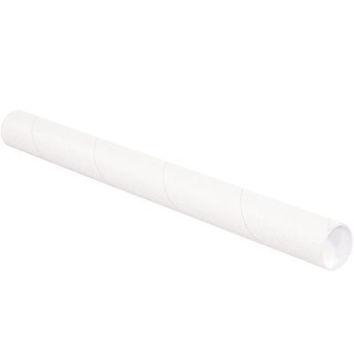 P2520W.jpg A sleek white cylinder on a plain background resembles an MH-USA 2 1/2 x 20 White Tube with Caps (34/Case), ideal for storing or transporting delicate items.