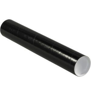 A horizontal MH-USA 3 x 18 black tube with caps on a white background has a pristine white interior, perfect for storing or shipping rolled documents or posters. Available in cases of 24, these stylish and functional tubes are ideal for various needs.