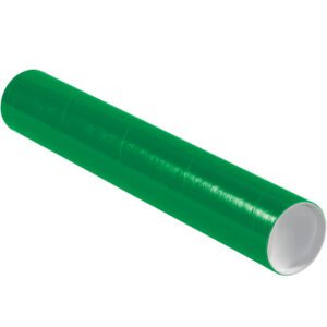 A sleek cylindrical object appears on a white backdrop, resembling a mailing tube with a shiny green body and white ends suggesting openings. It is likely one of the MH-USA 3 x 18 Green Tubes with Caps from the 24/Case set.