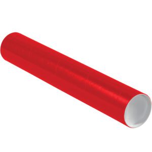 One red glossy cardboard tube from the MH-USA 3 x 18 Red Tubes with Caps (24/Case) collection is open at one end, highlighting its sleek design against a pristine white background.