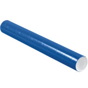 The MH-USA 3 x 24 Blue Tubes with Caps (24/Case) showcase a sleek cylindrical design with a vibrant blue exterior and pure white interior, presented diagonally on a white backdrop.