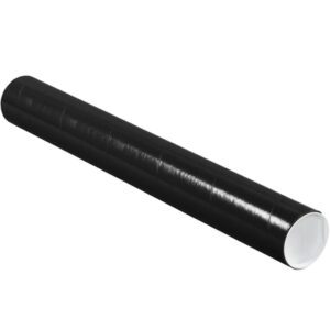 The MH-USA 3 x 24 Black Tubes with Caps (24/Case), featuring a sleek and glossy finish, are perfect for storing and transporting posters or documents and stand elegantly against a plain white background.