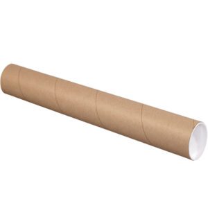 A 3 x 26 kraft mailing tube with white plastic caps, resembling those found in bulk packs of 24, lies horizontally on a white background.