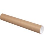 A 3 x 38 Kraft tube with white plastic caps is displayed horizontally on a white background. Ideal for rolled document storage or shipping, these brown cardboard mailing tubes come in a case of 24.