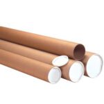 Four 3 x 56 Kraft Heavy-Duty Tubes with Caps from the 24/Case set are displayed against a white background. Each tube is sealed with a white plastic cap, and one cap is slightly removed, revealing a glimpse inside the sturdy tube.