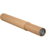A 3 1/4 x 60 - 120 Kraft Adjustable Tube with a metal lid, part of a 15-pack, is shown on a white background. Its smooth cylindrical design is ideal for mailing or storing rolled documents and posters.