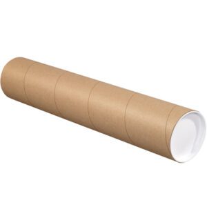 A 4 x 24 brown Kraft mailing tube with a white plastic cap on one end lies horizontally. This cylindrical tube, sold in cases of 15, features visible seams and is ideal for storing or shipping rolled documents or posters.