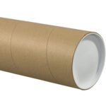The horizontally displayed 5 x 72 Kraft Jumbo Tube is a brown cardboard mailing cylinder with a white plastic cap, comprising three visible sections that emphasize its length and sturdy build. Its available in sets of 15 per case.