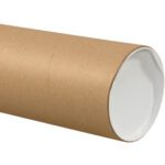 The 6 x 72 Kraft Jumbo Tubes with white plastic caps, ideal for shipping or storing rolled items like posters and documents, come in packs of 10 per case and stand against a plain backdrop.