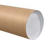 An 8 x 72 Kraft Jumbo Tube with a white plastic cap features a smooth, brown surface. Its angled against a white background and comes in cases of 10, ideal for safely shipping oversized items.