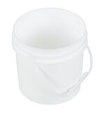 The Vestil White Open Head Pail Plastic Hand 1 Gal is a sleek, one-gallon plastic container, viewed from above. Its smooth sides and sturdy handle make it perfect for various uses, set against a white background.