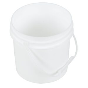 The Vestil White Open Head Pail Plastic Hand 1 Gal is a sleek, one-gallon plastic container, viewed from above. Its smooth sides and sturdy handle make it perfect for various uses, set against a white background.