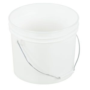 The Vestil White Open Head Pail Steel Hand 2 Gal is a plain, 2-gallon plastic bucket with a sturdy steel handle, set against a pristine white background.