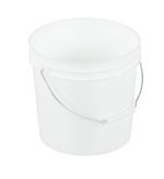 A Vestil White Open Head Pail Steel Hand 3.5 Gal is featured against a white backdrop, showcasing its sturdy steel handle, smooth surface, and classic rounded shape in a pristine, empty state.