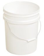 The Vestil White Open Head Pail Steel Hand 5 Gal, with its metal handle and white grip, is displayed empty on a white background. Its sleek design ensures it seamlessly fits into any setting.