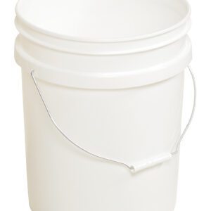 The Vestil White Open Head Pail Steel Hand 5 Gal, with its metal handle and white grip, is displayed empty on a white background. Its sleek design ensures it seamlessly fits into any setting.