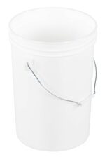 A Vestil White Open Head Pail Steel Hand 6 Gal stands upright against a plain white background, highlighting its sturdy capacity. Its sleek plastic design and durable steel handle make it practical and stylish.