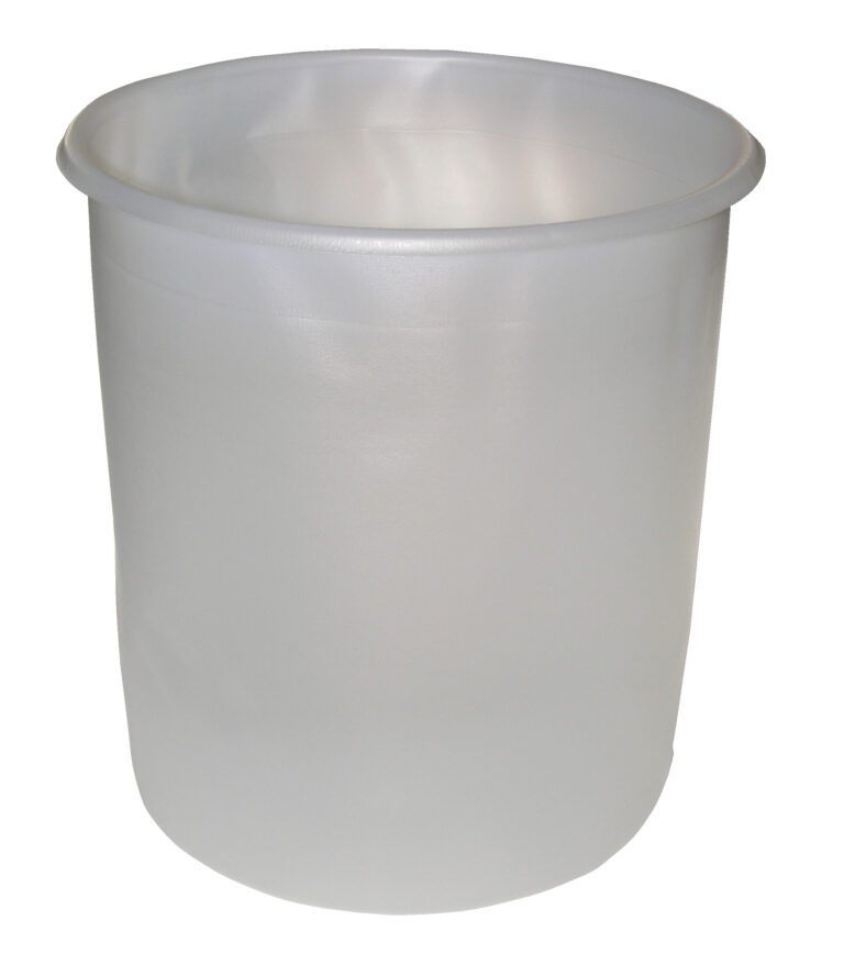 PAIL-LINE_A.jpg A lightweight, transparent cylindrical plastic container with a smooth, slightly frosted surface and open top resembles the Vestil Pail Liner - Pack Of 5, standing upright and revealing no visible contents.