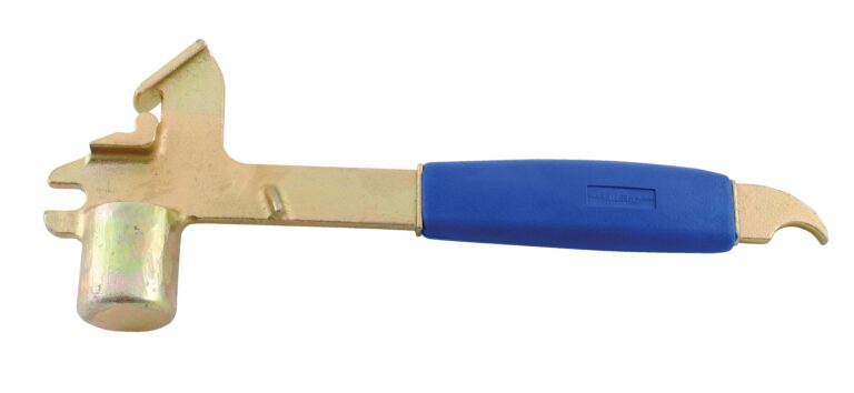 This versatile brass hammer features a blunt end, hook, blue ergonomic handle, and integrated bottle opener, perfect for home or workshop tasks, reminiscent of the Vestil Steel Pail Opener-Un Rated 11X3.5X1.875.